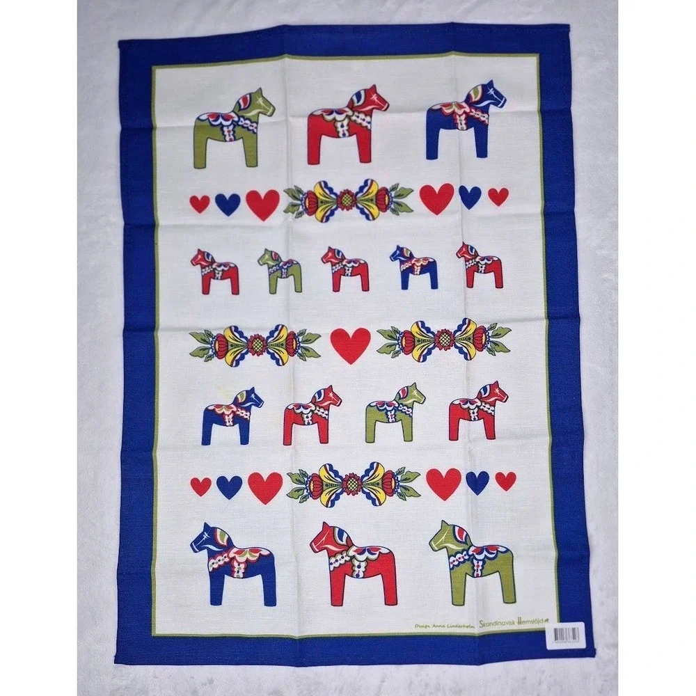 Skandinavisk Hemslojd Tea Towel White Blue Dala Horse Linderholm